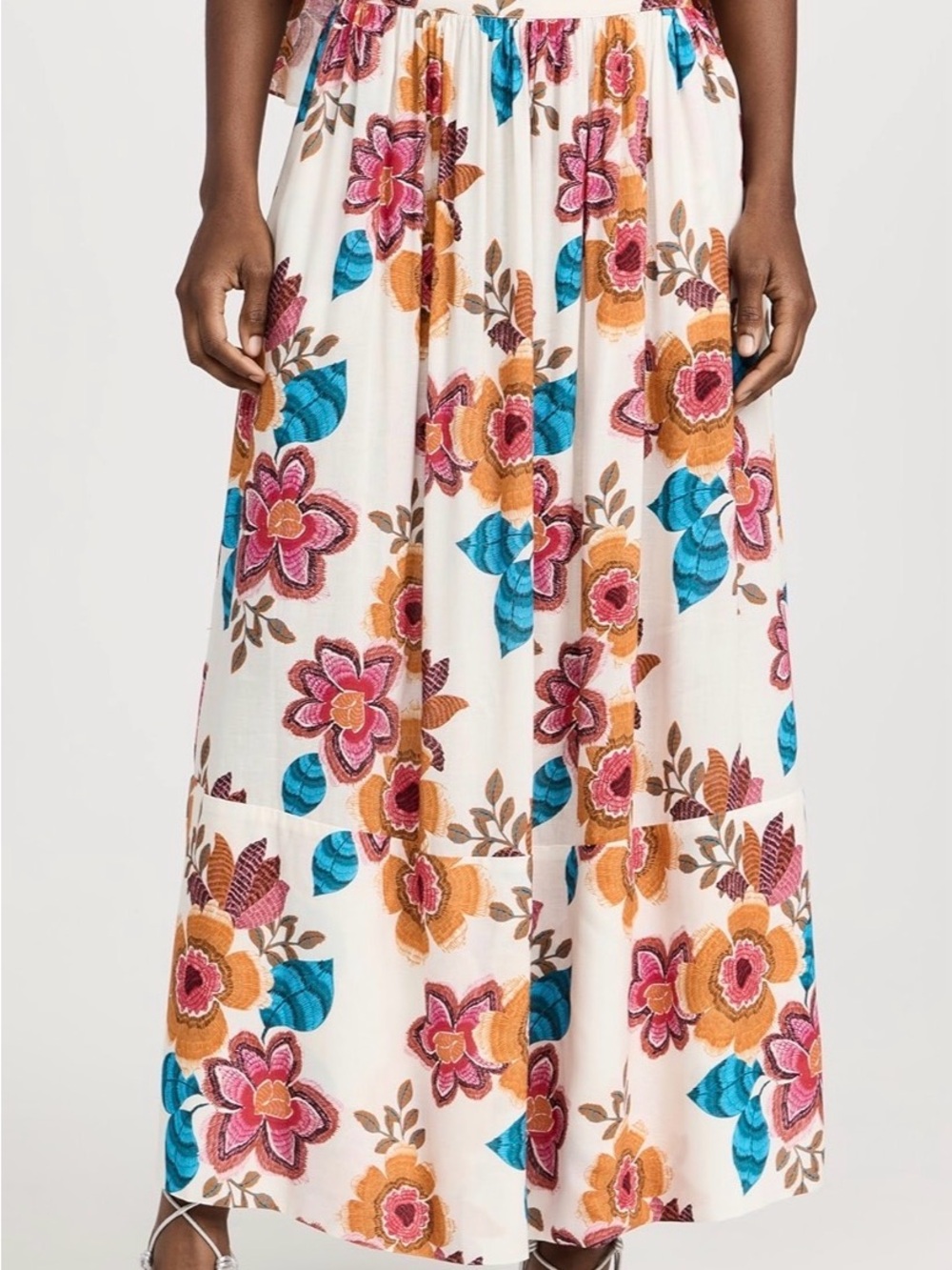 MISA Los Angeles Floral Maxi Skirt in Cream with Pink & Blue Flowers, Small NWT